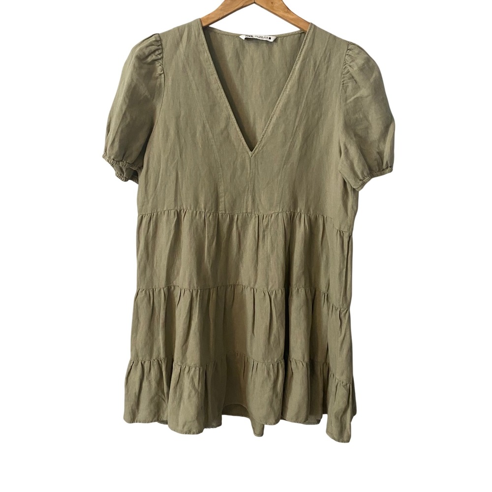 Zara Womens Olive Green‎ Linen Blend Tiered V-Neck Puff Sleeve Babydoll Dress Md